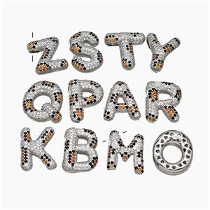 Copper Letters Pendant Micropave Zirconia Large Hole Platinum Plated Mix Alphabets, approx 16-23mm, 3-5mm hole
