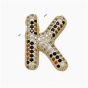 Copper Letter-K Pendant Micropave Zirconia Gold Plated, approx 16-23mm, 3-5mm hole