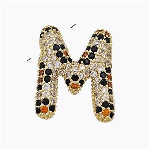 Copper Letter-M Pendant Micropave Zirconia Gold Plated, approx 16-23mm, 3-5mm hole