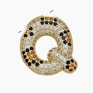 Copper Letter-Q Pendant Micropave Zirconia Gold Plated, approx 16-23mm, 3-5mm hole