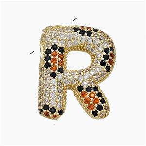 Copper Letter-R Pendant Micropave Zirconia Gold Plated, approx 16-23mm, 3-5mm hole