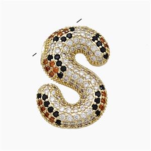 Copper Letter-S Pendant Micropave Zirconia Gold Plated, approx 16-23mm, 3-5mm hole
