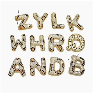 Copper Letters Pendant Micropave Zirconia Large Hole Gold Plated Mix Alphabets, approx 16-23mm, 3-5mm hole