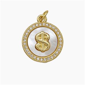 Copper Dollar Symbols Pendant Pave Zirconia Shell Circle 18K Gold Plated, approx 15mm