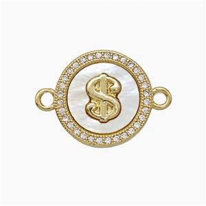 Copper Dollar Symbols Connector Pave Zirconia Shell Circle 18K Gold Plated, approx 15mm
