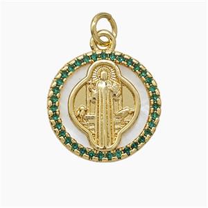 Copper Jesus Pendant Pave Zirconia Shell Circle 18K Gold Plated, approx 17mm