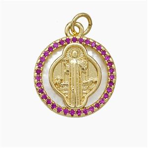 Copper Jesus Pendant Pave Zirconia Shell Circle 18K Gold Plated, approx 17mm