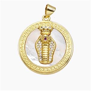 The Serpent King Charms Copper Snake Pendant Pave Zirconia Shell 18K Gold Plated, approx 23mm