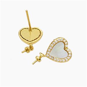 Copper Heart Stud Earrings Pave Zirconia Shell 18K Gold Plated, approx 11mm