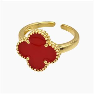 Copper Clover Rings Red Enamel 18K Gold Plated, approx 15mm, 18mm dia