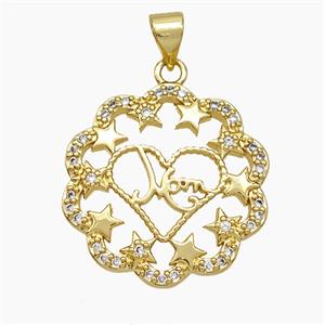 Copper Heart Pendant Pave Zirconia Mom Star 18K Gold Plated, approx 21mm
