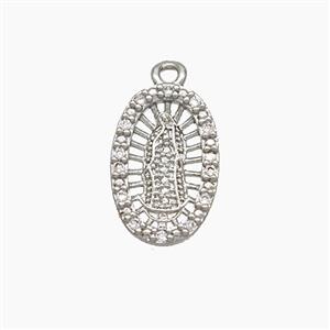 Virgin Mary Charms Copper Oval Pendant Pave Zirconia Platinum Plated, approx 9-14mm