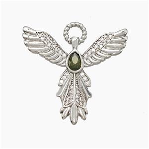 Copper Angel Wing Pendant Pave Zirconia Teardrop Platinum Plated, approx 30mm