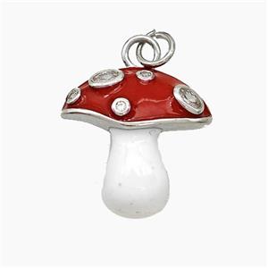 Copper Mushroom Charms Pendant Pave Zirconia White Red Enamel Platinum Plated, approx 17-18mm
