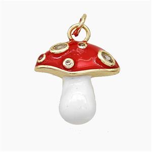 Copper Mushroom Charms Pendant Pave Zirconia White Red Enamel Gold Plated, approx 17-18mm