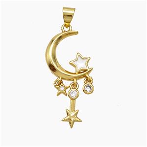 Copper Moon Star Pendant Pave Zirconia White Enamel Gold Plated, approx 4-10mm, 13-16mm