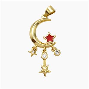Copper Moon Star Pendant Pave Zirconia Red Enamel Gold Plated, approx 4-10mm, 13-16mm