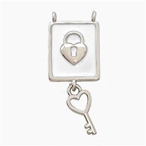 Copper Lock Key Pendant White Enamel 2loops Platinum Plated, approx 7-12mm, 13-15mm