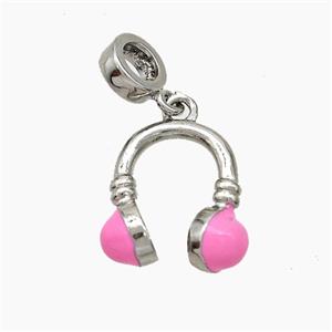 Copper Headphones Charms Pendant Pink Enamel Platinum Plated, approx 15-16mm, 7mm dia