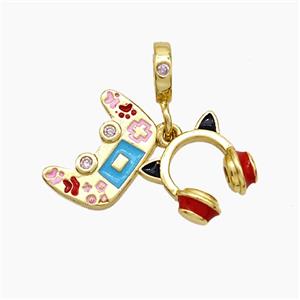 Game Handle and Headphones Charms Copper Pendant Multicolor Enamel Gold Plated, approx 10-11mm, 9-14mm, 7.5mm dia