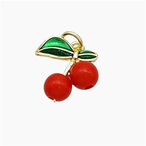 Copper Cherry Pendant Pave Red Resin Green Painted Gold Plated, approx 12-14mm