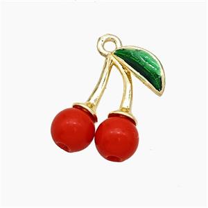 Copper Cherry Pendant Pave Red Resin Green Painted Gold Plated, approx 13-16mm