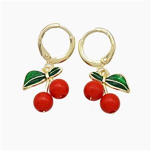 Copper Cherry Hoop Earrings Pave Red Resin Gold Plated, approx 12mm, 11mm dia