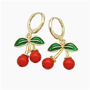 Copper Cherry Hoop Earrings Pave Red Resin Gold Plated, approx 16mm, 11mm dia