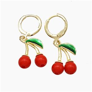 Copper Cherry Hoop Earrings Pave Red Resin Gold Plated, approx 14-16mm, 11mm dia