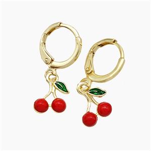 Copper Cherry Hoop Earrings Red Enamel Gold Plated, approx 8-9mm, 11mm dia