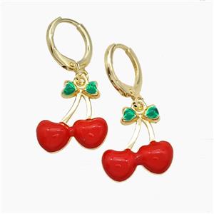 Copper Cherry Hoop Earrings Red Enamel Gold Plated, approx 15mm, 11mm dia