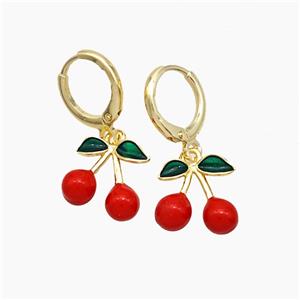 Copper Cherry Hoop Earrings Red Enamel Gold Plated, approx 12mm, 11mm dia