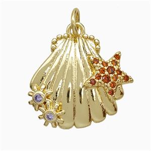 Copper Scallop Shell Pendant Pave Zirconia Starfish Gold Plated, approx 16-18mm