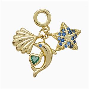 Scallop Shell And Starfish Dolphin Charms Copper Pendant Pave Zirconia Gold Plated, approx 12mm, 14mm, 12-15mm