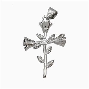 Copper Flower Pendant Pave Zirconia Platinum Plated, approx 18-24mm