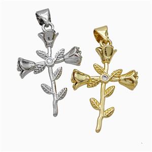Copper Flower Pendant Pave Zirconia Mixed, approx 18-24mm