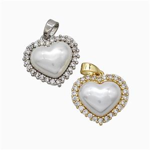 Copper Heart Pendant Pave Zirconia White Pearlized Resin Mixed, approx 15-16mm