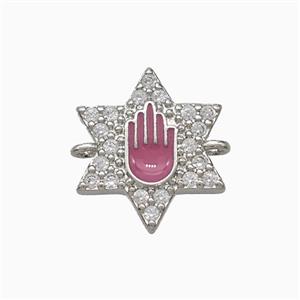 Copper Star Hand Connector Pave Zirconia Pink Enamel Platinum Plated, approx 14mm