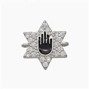 Copper Star Hand Connector Pave Zirconia Black Enamel Platinum Plated, approx 14mm