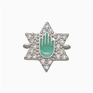Copper Star Hand Connector Pave Zirconia Green Enamel Platinum Plated, approx 14mm