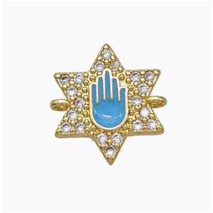 Copper Star Hand Connector Pave Zirconia Blue Enamel Gold Plated, approx 14mm