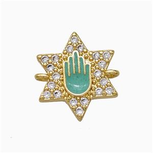 Copper Star Hand Connector Pave Zirconia Green Enamel Gold Plated, approx 14mm