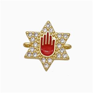 Copper Star Hand Connector Pave Zirconia Red Enamel Gold Plated, approx 14mm