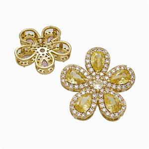 Copper Flower Pendant Pave Zirconia Yellow Crystal Glass Gold Plated, approx 20mm
