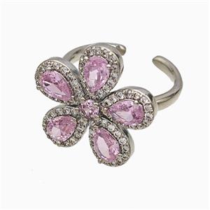 Copper Flower Rings Pave Zirconia Pink Crystal Glass Platinum Plated, approx 20mm, 18mm dia