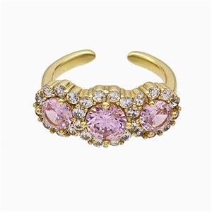 Copper Flower Rings Pave Zirconia Pink Crystal Glass Gold Plated, approx 10mm, 18mm dia