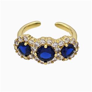 Copper Flower Rings Pave Zirconia Blue Crystal Glass Gold Plated, approx 10mm, 18mm dia