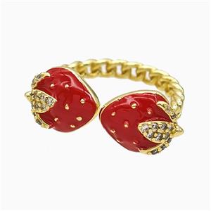 Copper Strawberry Rings Pave Zirconia Red Enamel Gold Plated, approx 10-12mm, 18mm dia