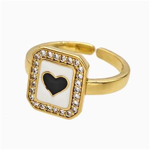 Copper Heart Rings Pave Zirconia Black Enamel Gold Plated, approx 11-12mm, 18mm dia