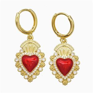 Copper Heart Hoop Earrings Pave Zirconia Red Painted Gold Plated, approx 16-22mm, 14mm dia